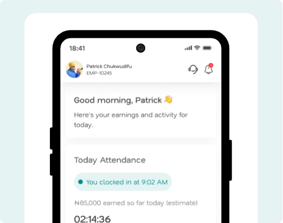 EarlyPay employee app showing today's attendance and earnings