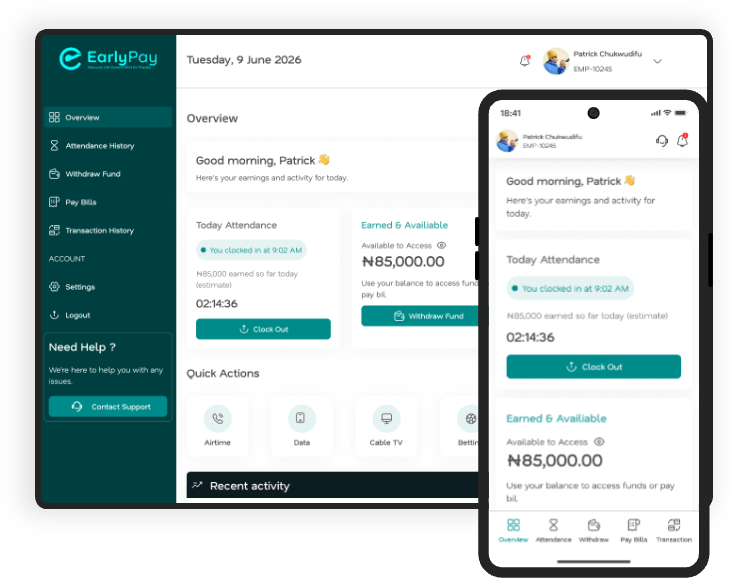 EarlyPay employee dashboard on desktop and mobile