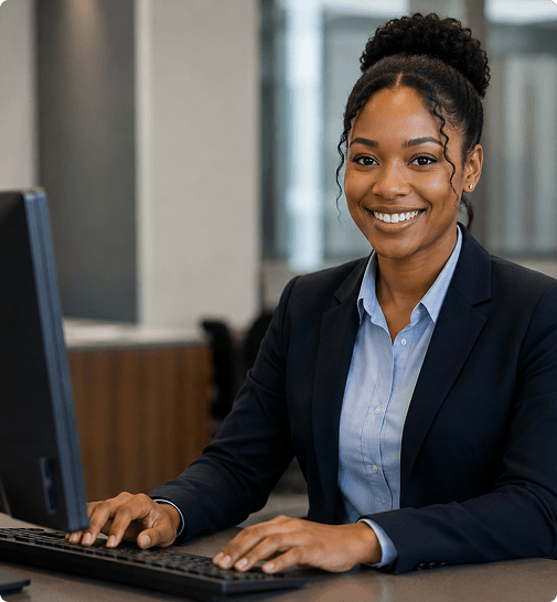 Employer smiling at a desk while managing work on a computer